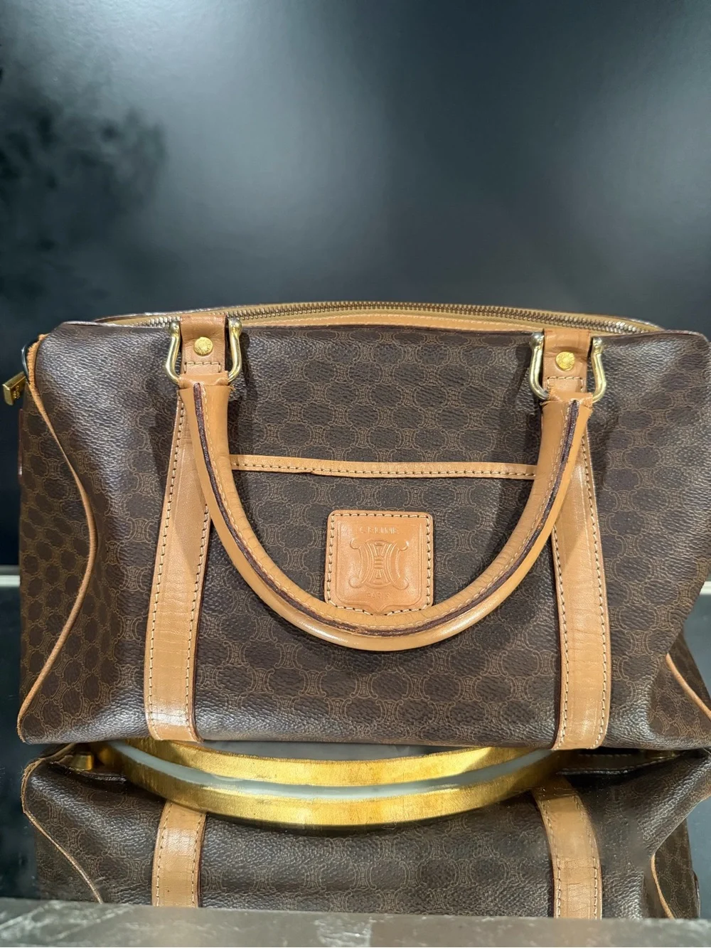 Celine Brown and Tan Coated Canvas Travel Satchel